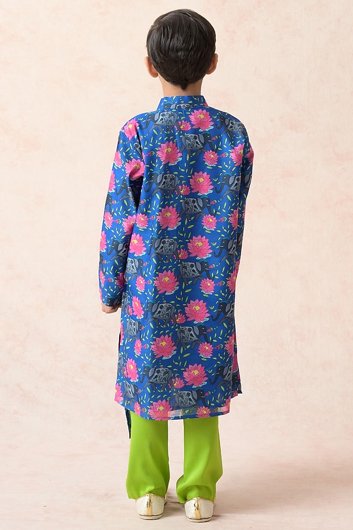 Blue Polyester & Cotton Printed Asymmetrical Kurta Set For Boys by Thetaa Kids at Pernia's Pop Up Shop