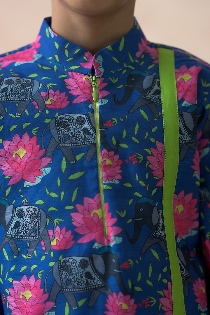 Blue Polyester & Cotton Printed Asymmetrical Kurta Set For Boys by Thetaa Kids at Pernia's Pop Up Shop