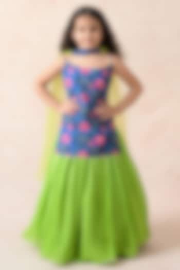 Green Ombre Pure Silk Georgette Lehenga Set For Girls by MKF Kids
