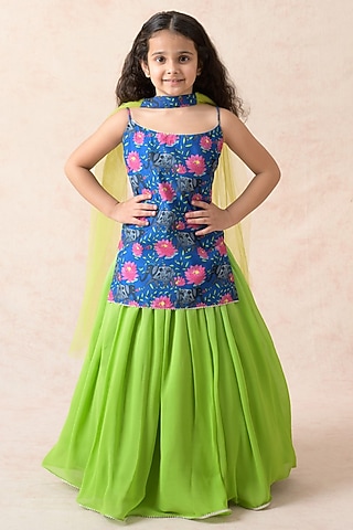 Green Ombre Pure Silk Georgette Lehenga Set For Girls by Thetaa Kids