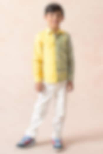 Canary Yellow Linen Stripes Printed Shirt For Boys by MKF Kids