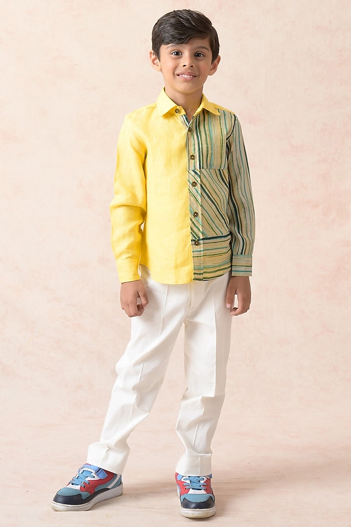 Canary Yellow Linen Stripes Printed Shirt For Boys by MKF Kids