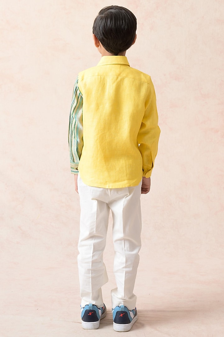 Canary Yellow Linen Stripes Printed Shirt For Boys by Thetaa Kids at Pernia's Pop Up Shop