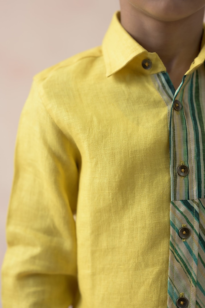 Canary Yellow Linen Stripes Printed Shirt For Boys by Thetaa Kids at Pernia's Pop Up Shop
