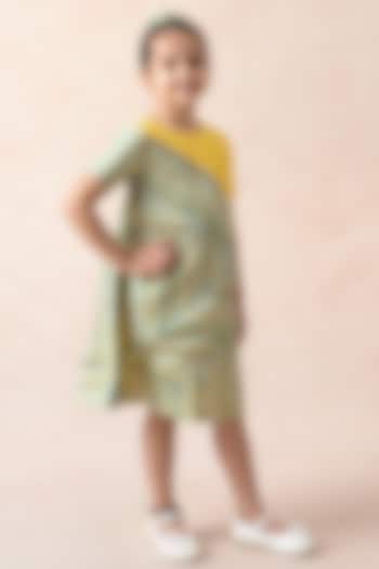 Yellow Chanderi Silk Stripes Printed A-Line Dress For Girls by MKF Kids