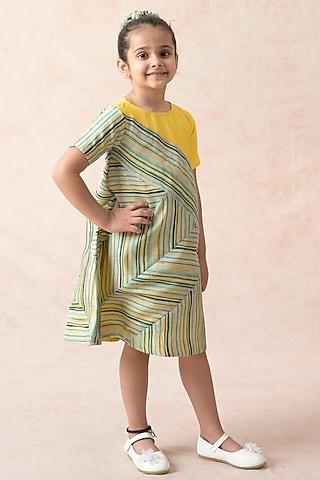 Yellow Chanderi Silk Stripes Printed A-Line Dress For Girls by Thetaa Kids