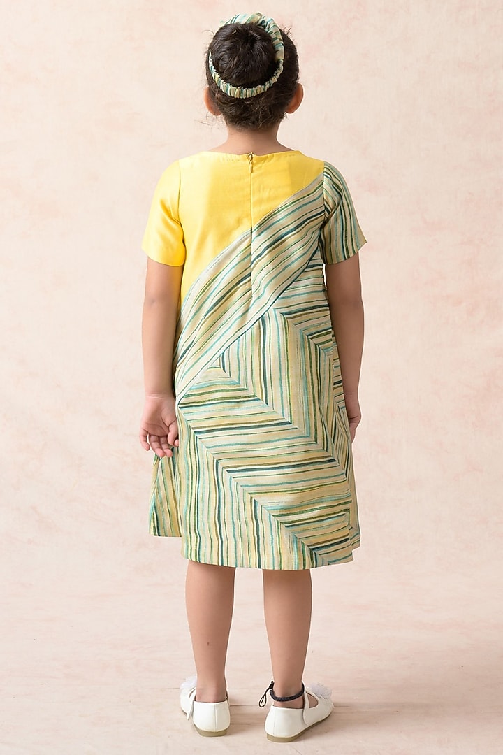 Yellow Chanderi Silk Stripes Printed A-Line Dress For Girls by Thetaa Kids at Pernia's Pop Up Shop