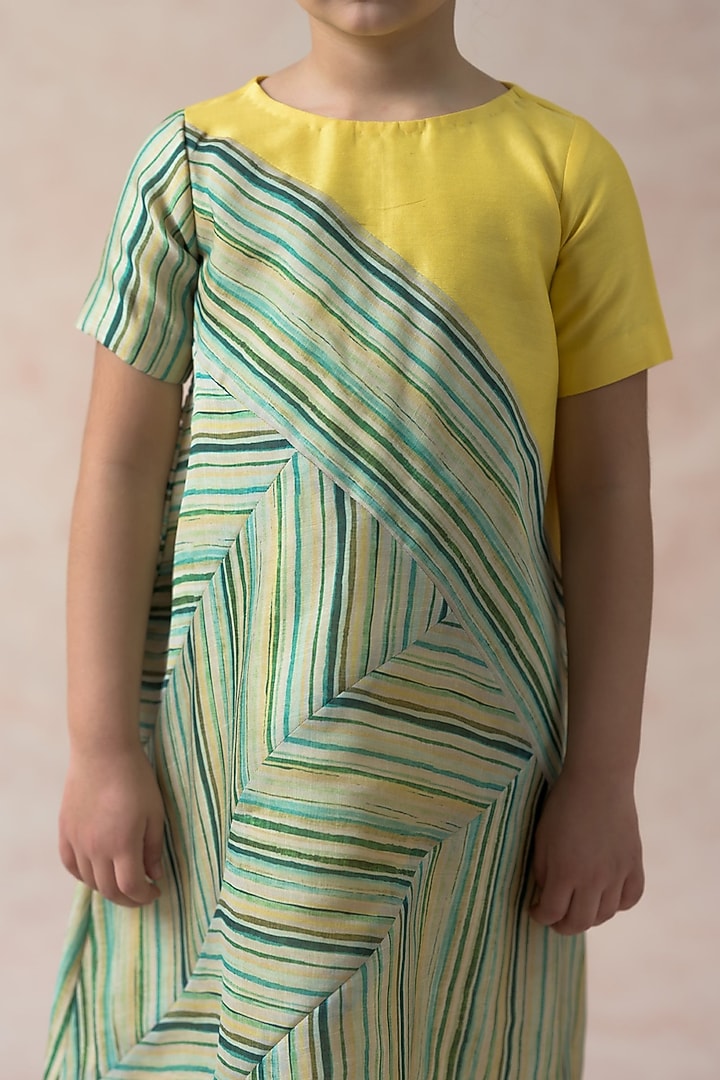 Yellow Chanderi Silk Stripes Printed A-Line Dress For Girls by Thetaa Kids at Pernia's Pop Up Shop