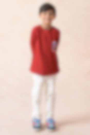 Red Cotton Abstract Printed Sweatshirt For Boys by MKF Kids