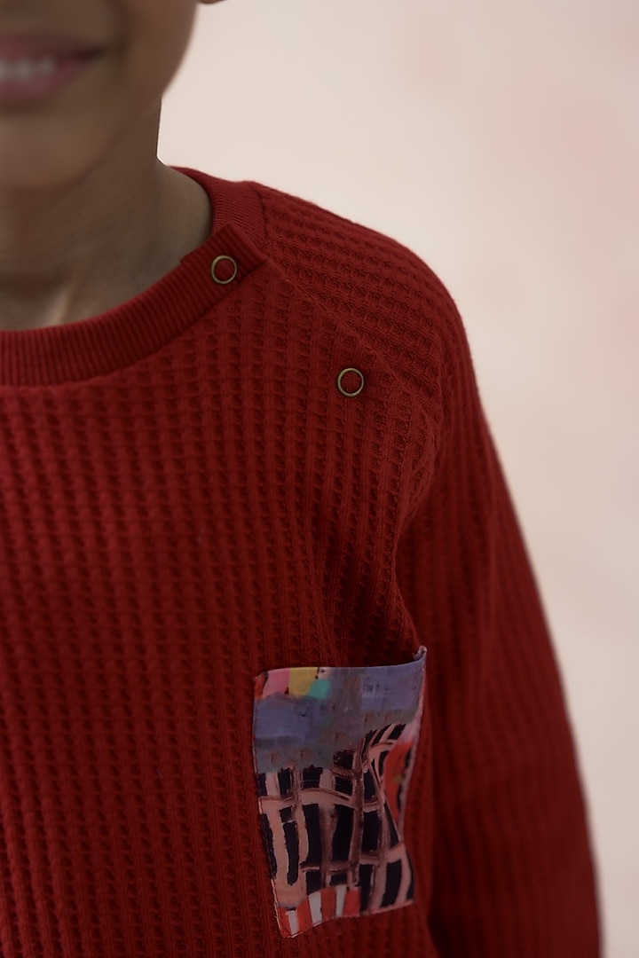 Red Cotton Abstract Printed Sweatshirt For Boys by Thetaa Kids at Pernia's Pop Up Shop