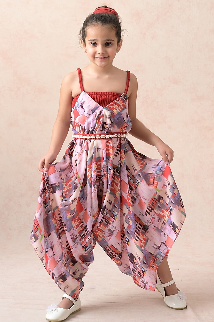 Multi-Colored Viscose Crepe Printed Jumpsuit For Girls by MKF Kids