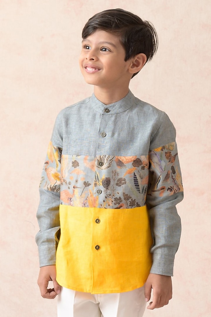 Yellow & Grey Chanderi Silk Abstract Floral Printed Shirt For Boys by MKF Kids