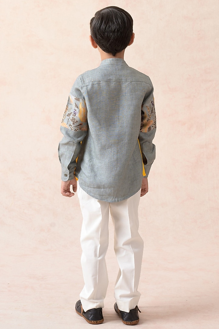 Yellow & Grey Chanderi Silk Abstract Floral Printed Shirt For Boys by Thetaa Kids at Pernia's Pop Up Shop