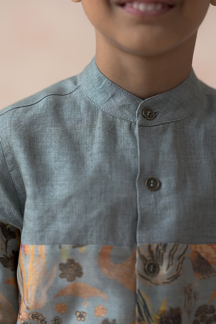 Yellow & Grey Chanderi Silk Abstract Floral Printed Shirt For Boys by Thetaa Kids at Pernia's Pop Up Shop