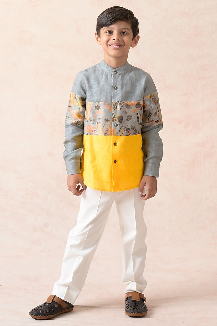 Yellow & Grey Chanderi Silk Abstract Floral Printed Shirt For Boys by Thetaa Kids at Pernia's Pop Up Shop