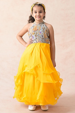Yellow Silk Organza Hand Embroidered Gown For Girls by Thetaa Kids