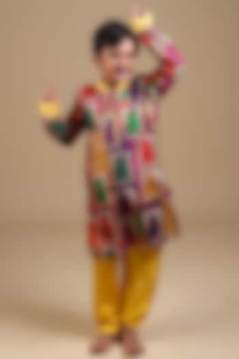 Yellow Pure Silk & Viscose Bomber Kurta Set For Boys by Thetaa Kids at Pernia's Pop Up Shop