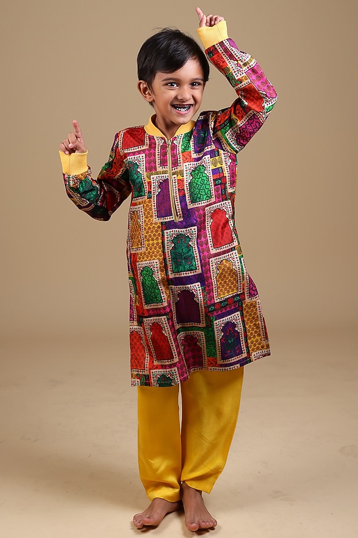 Yellow Pure Silk & Viscose Bomber Kurta Set For Boys by Thetaa Kids at Pernia's Pop Up Shop