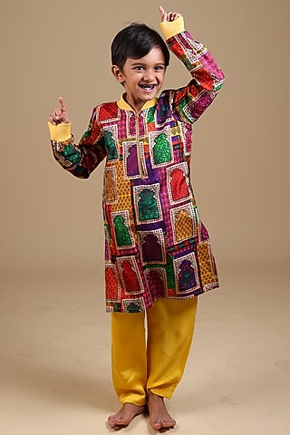 Yellow Pure Silk & Viscose Bomber Kurta Set For Boys by Thetaa Kids
