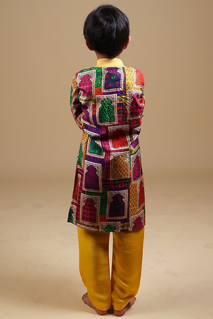 Yellow Pure Silk & Viscose Bomber Kurta Set For Boys by Thetaa Kids at Pernia's Pop Up Shop