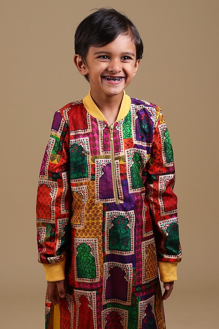 Yellow Pure Silk & Viscose Bomber Kurta Set For Boys by Thetaa Kids at Pernia's Pop Up Shop