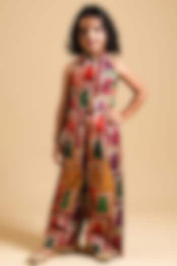 Pink Pure Silk Jharoka Printed Jumpsuit For Girls by Thetaa Kids at Pernia's Pop Up Shop