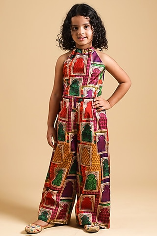 Pink Pure Silk Jharoka Printed Jumpsuit For Girls by Thetaa Kids