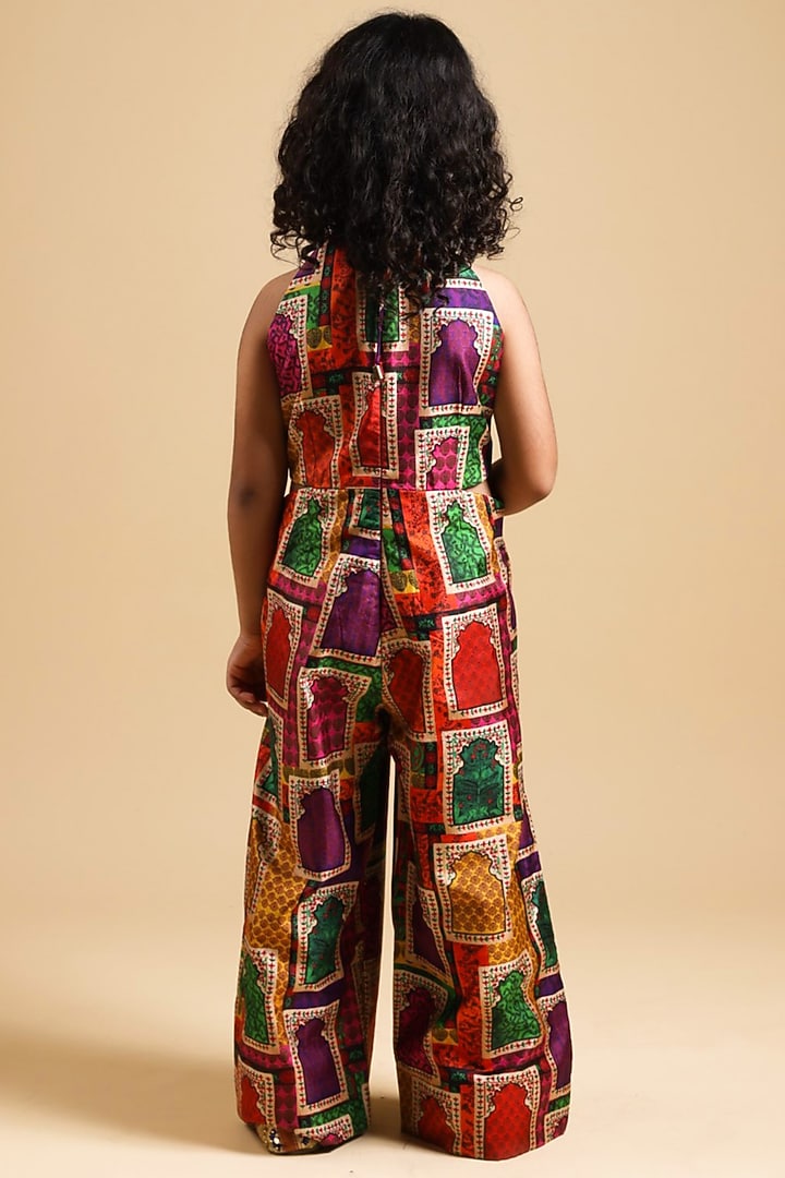 Pink Pure Silk Jharoka Printed Jumpsuit For Girls by Thetaa Kids at Pernia's Pop Up Shop