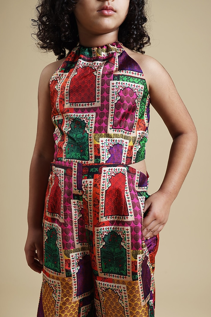 Pink Pure Silk Jharoka Printed Jumpsuit For Girls by Thetaa Kids at Pernia's Pop Up Shop