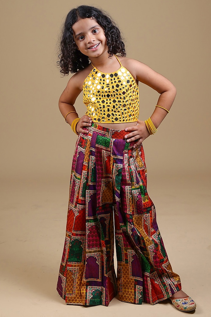 Yellow Pure Silk & Viscose Pleated Pant Set For Girls by Thetaa Kids at Pernia's Pop Up Shop