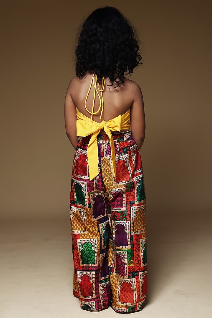 Yellow Pure Silk & Viscose Pleated Pant Set For Girls by Thetaa Kids at Pernia's Pop Up Shop