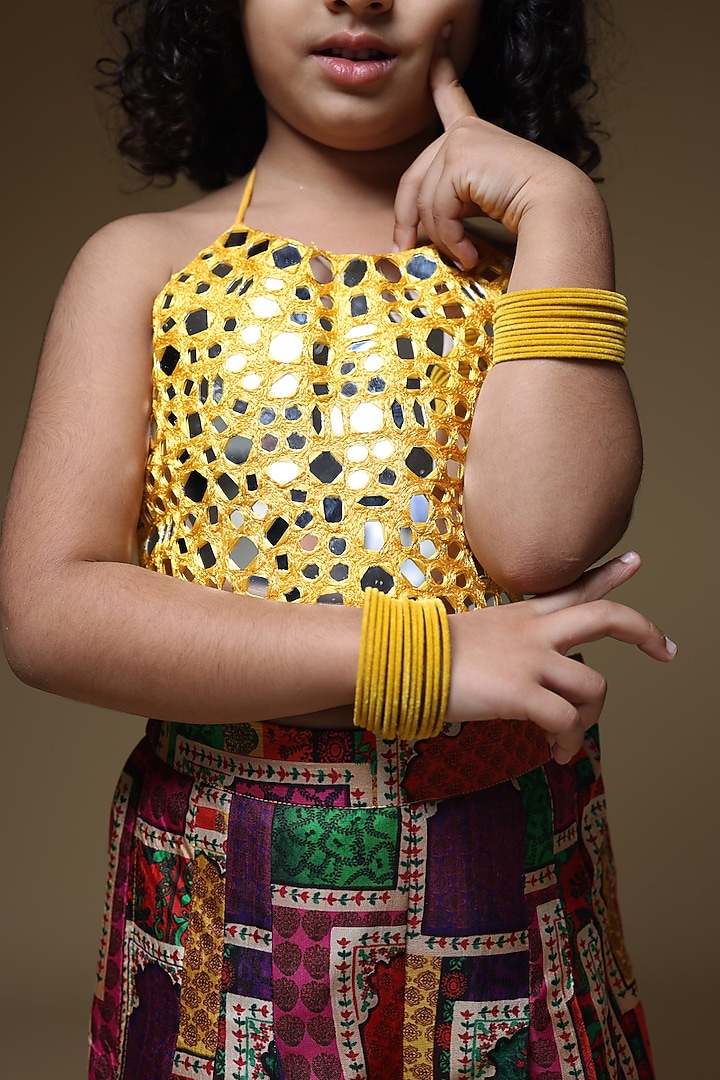 Yellow Pure Silk & Viscose Pleated Pant Set For Girls by Thetaa Kids at Pernia's Pop Up Shop
