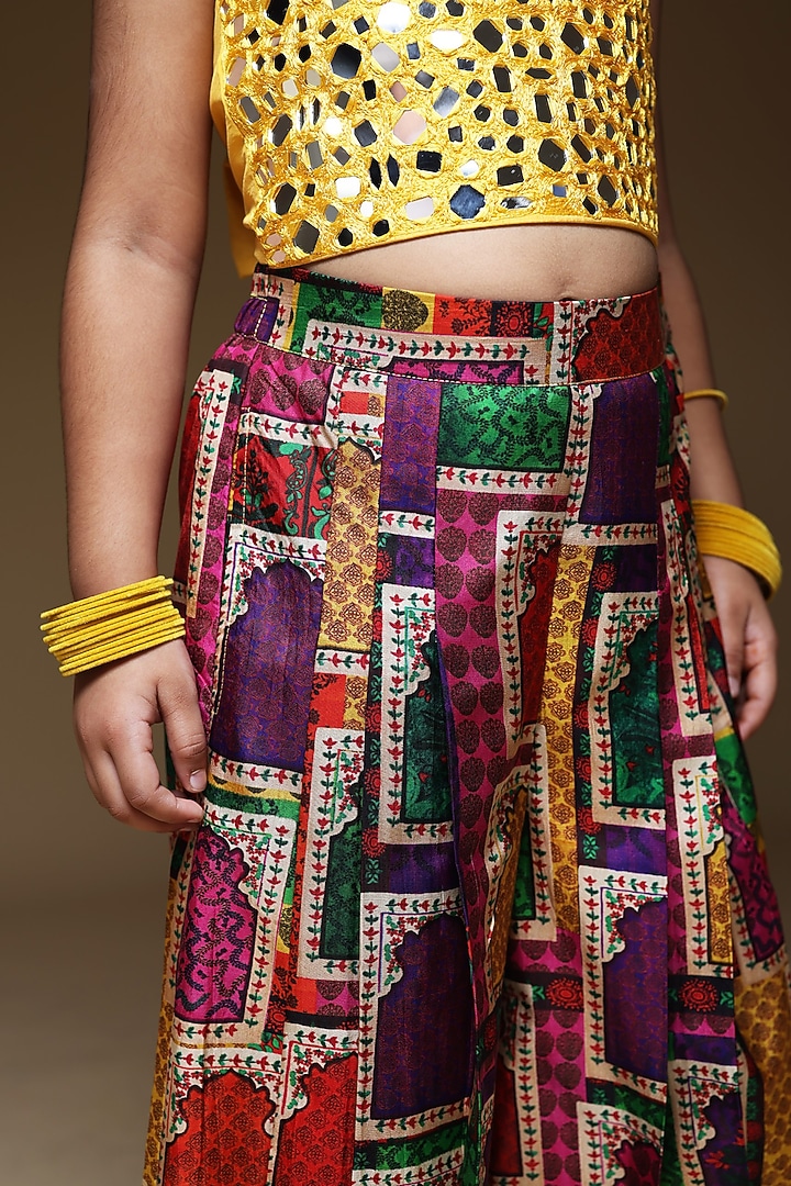 Yellow Pure Silk & Viscose Pleated Pant Set For Girls by Thetaa Kids at Pernia's Pop Up Shop