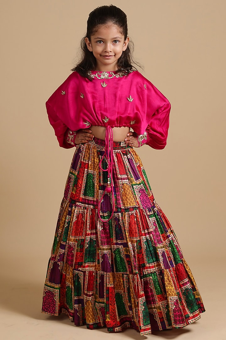 Pink Pure Silk & Viscose Tiered Lehenga Set For Girls by Thetaa Kids at Pernia's Pop Up Shop