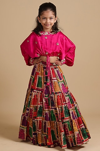 Pink Pure Silk & Viscose Tiered Lehenga Set For Girls by Thetaa Kids