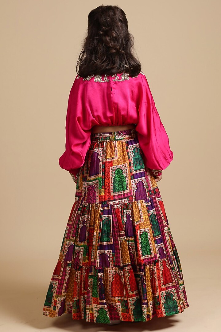 Pink Pure Silk & Viscose Tiered Lehenga Set For Girls by Thetaa Kids at Pernia's Pop Up Shop