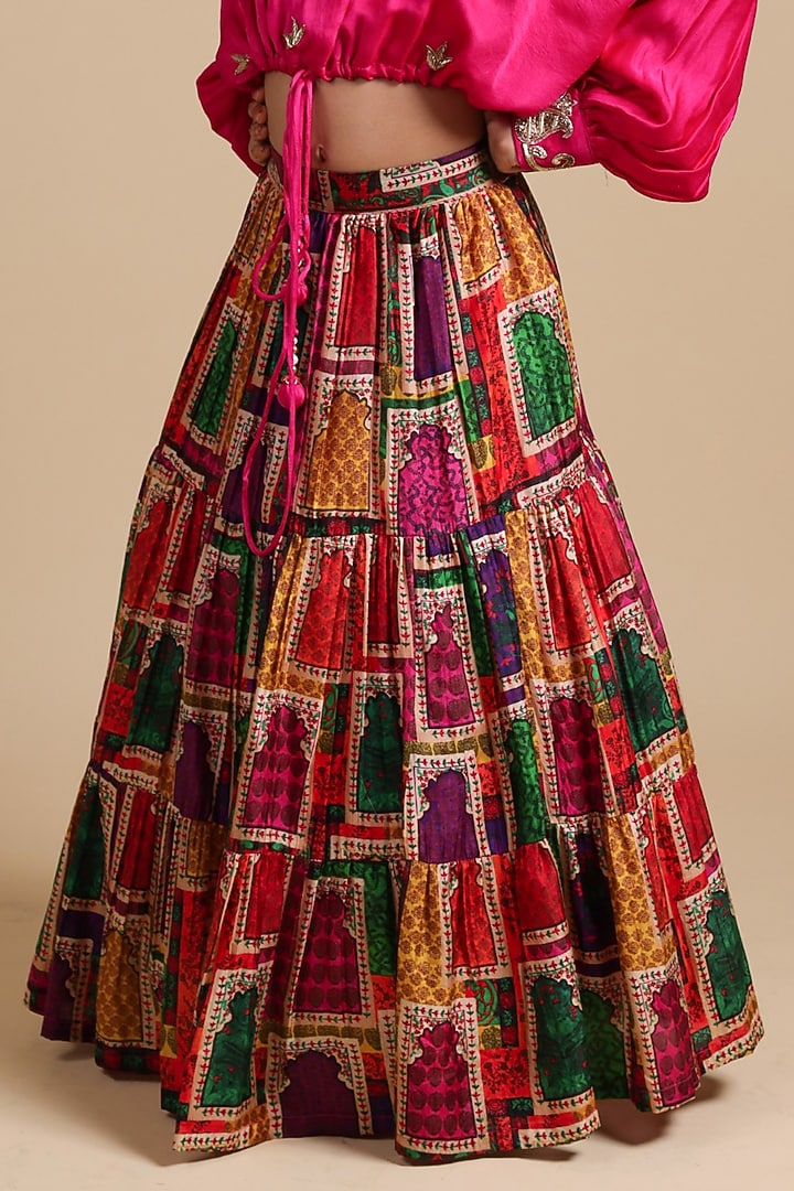 Pink Pure Silk & Viscose Tiered Lehenga Set For Girls by Thetaa Kids at Pernia's Pop Up Shop