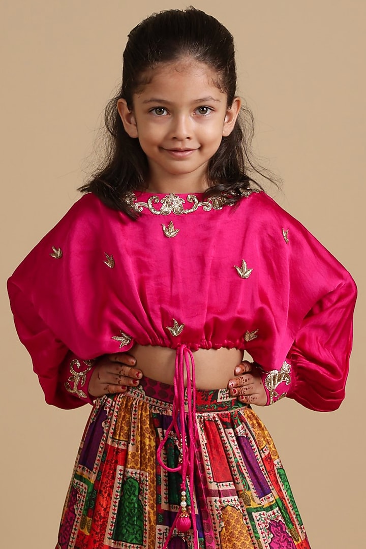 Pink Pure Silk & Viscose Tiered Lehenga Set For Girls by Thetaa Kids at Pernia's Pop Up Shop