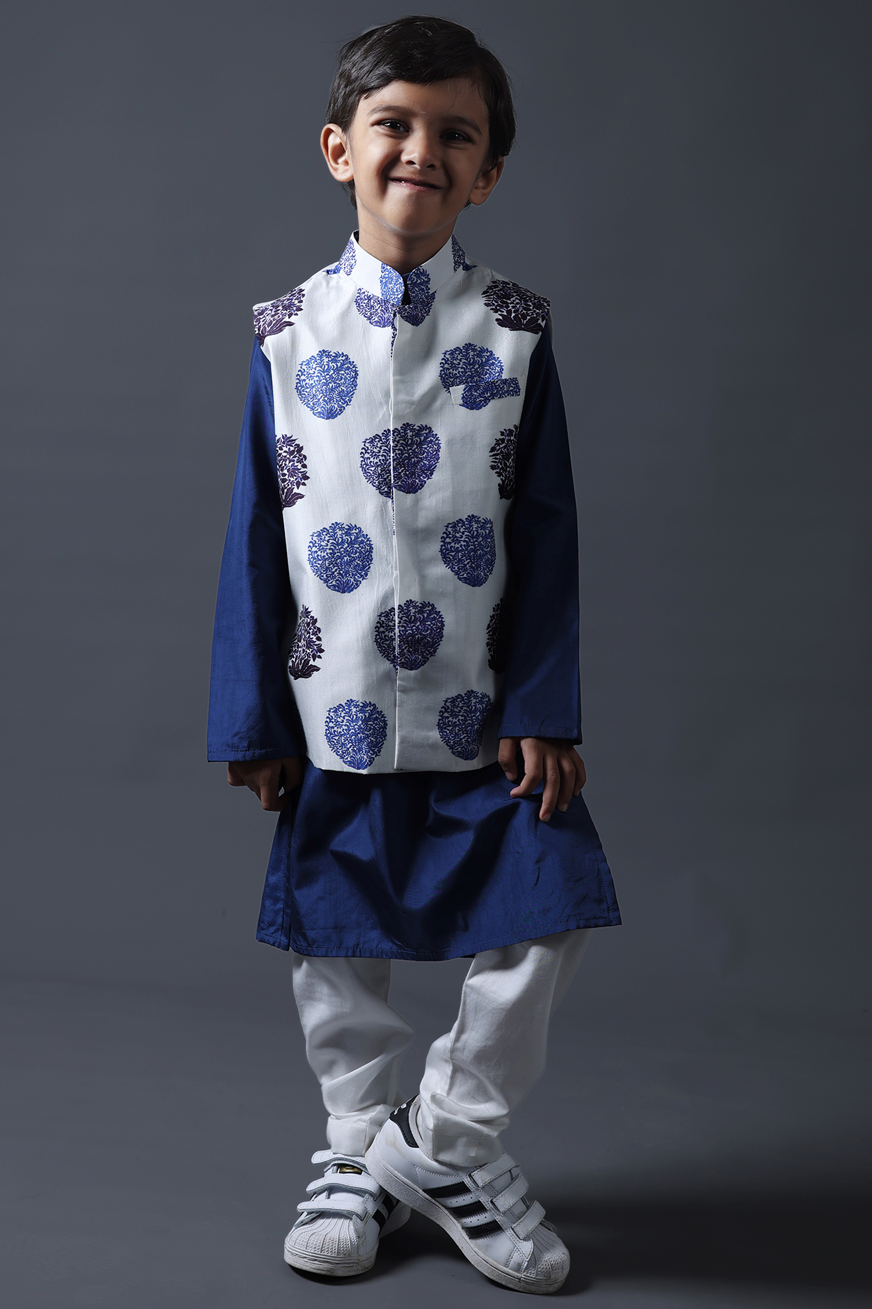 Blue Pure Silk & Viscose Butta Printed Nehru Jacket Set For Boys by Thetaa Kids at Pernia's Pop Up Shop