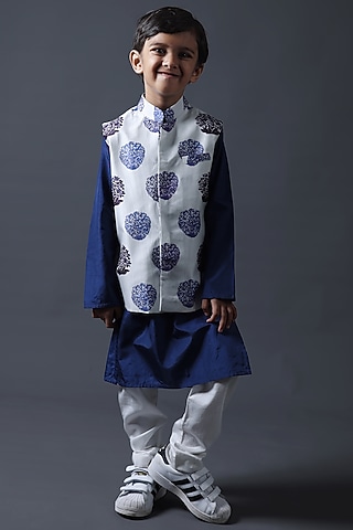 Blue Pure Silk & Viscose Butta Printed Nehru Jacket Set For Boys by Thetaa Kids