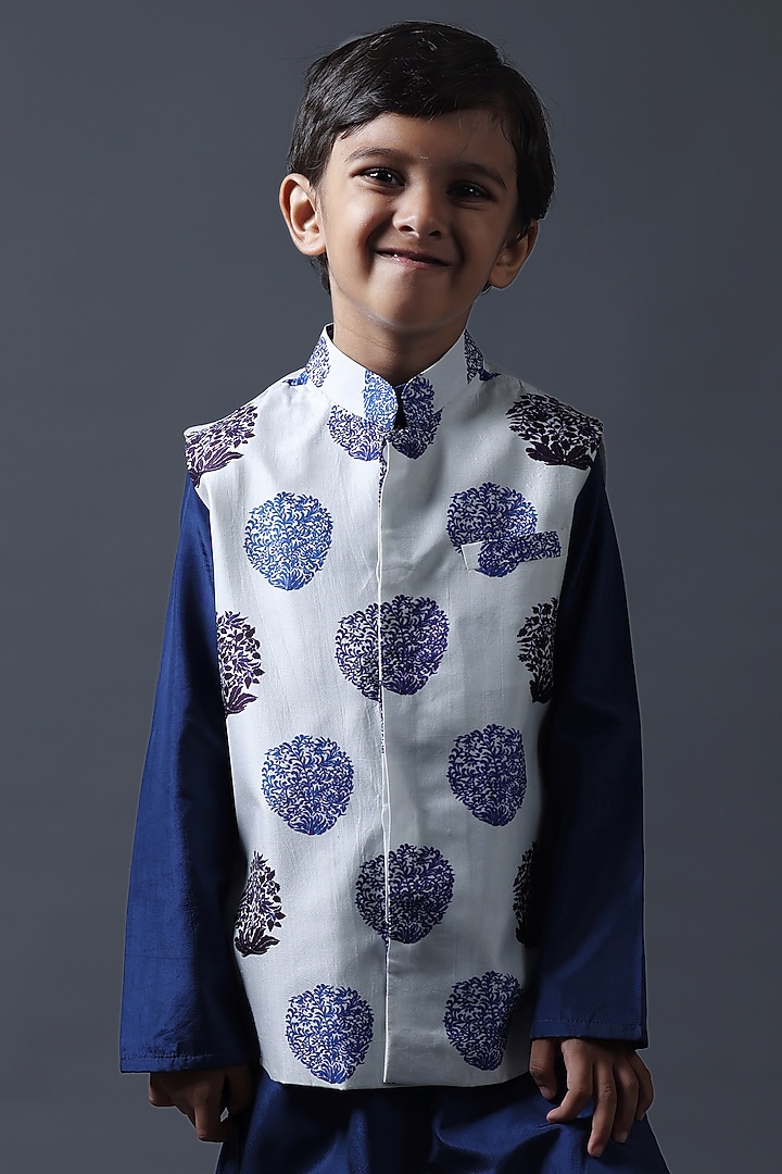 Blue Pure Silk & Viscose Butta Printed Nehru Jacket Set For Boys by Thetaa Kids at Pernia's Pop Up Shop