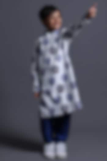 Blue Pure Silk & Viscose Butta Printed Kurta Set For Boys by Thetaa Kids at Pernia's Pop Up Shop