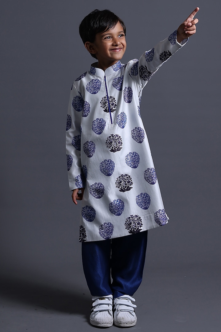 Blue Pure Silk & Viscose Butta Printed Kurta Set For Boys by Thetaa Kids at Pernia's Pop Up Shop