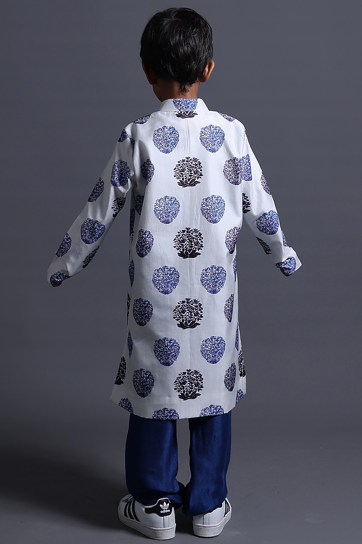 Blue Pure Silk & Viscose Butta Printed Kurta Set For Boys by Thetaa Kids at Pernia's Pop Up Shop
