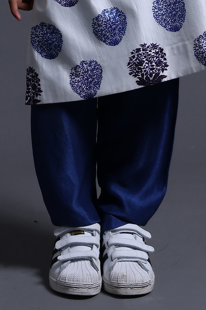Blue Pure Silk & Viscose Butta Printed Kurta Set For Boys by Thetaa Kids at Pernia's Pop Up Shop