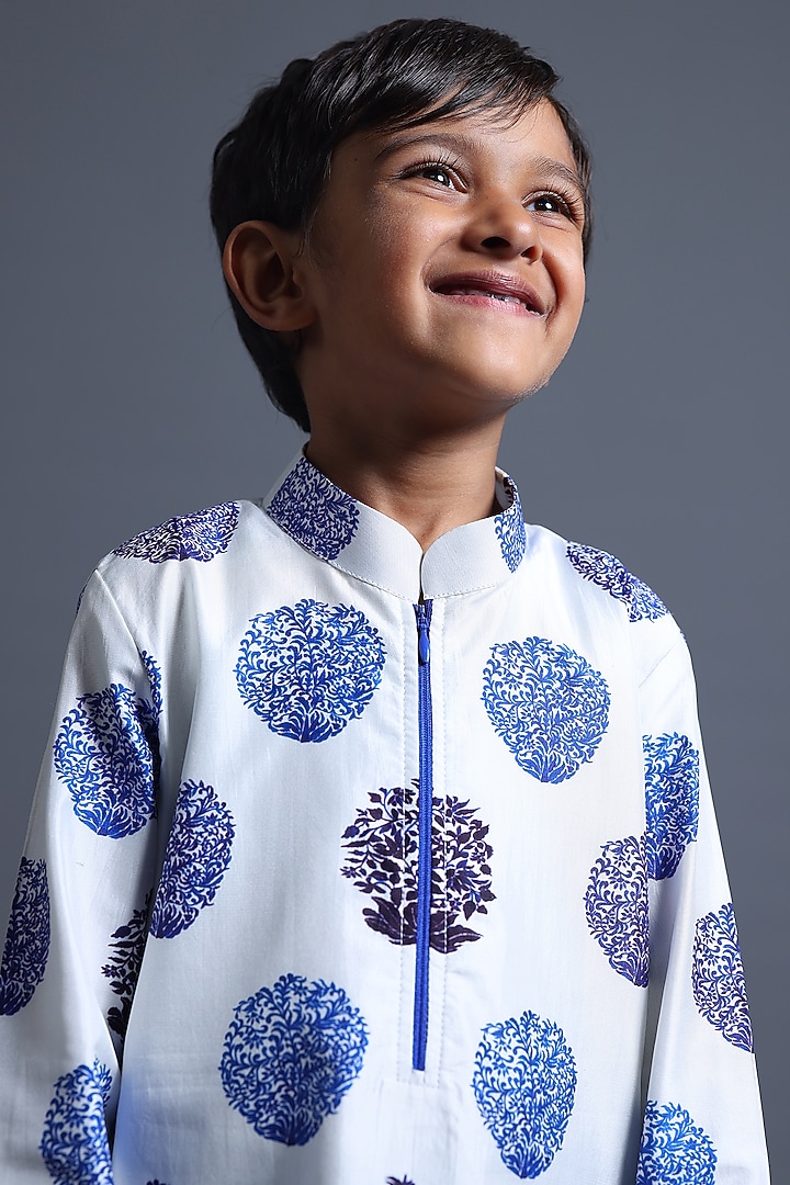 Blue Pure Silk & Viscose Butta Printed Kurta Set For Boys by Thetaa Kids at Pernia's Pop Up Shop