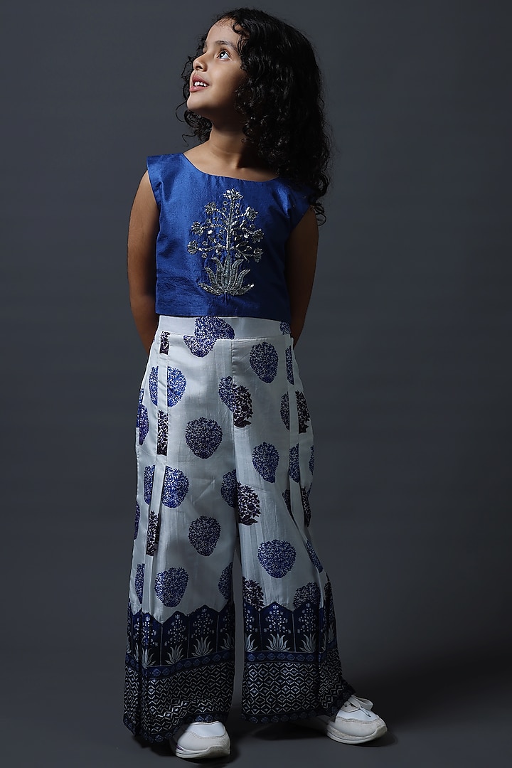 Blue Pure Silk & Viscose Pleated Pant Set For Girls by Thetaa Kids at Pernia's Pop Up Shop