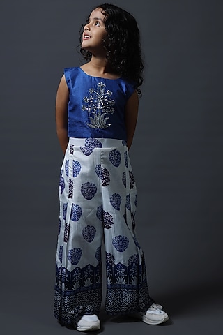 Blue Pure Silk & Viscose Pleated Pant Set For Girls by Thetaa Kids