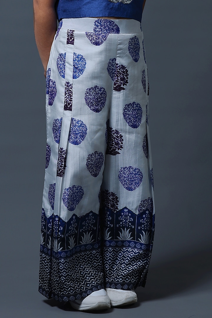 Blue Pure Silk & Viscose Pleated Pant Set For Girls by Thetaa Kids at Pernia's Pop Up Shop