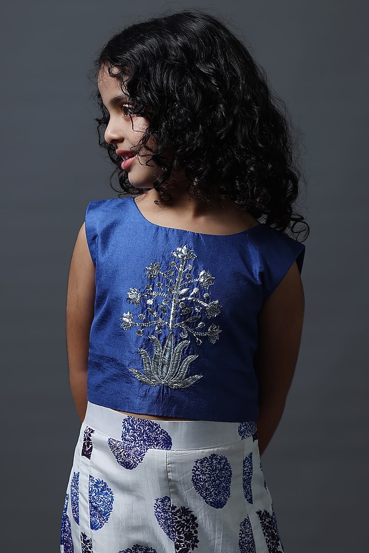 Blue Pure Silk & Viscose Pleated Pant Set For Girls by Thetaa Kids at Pernia's Pop Up Shop